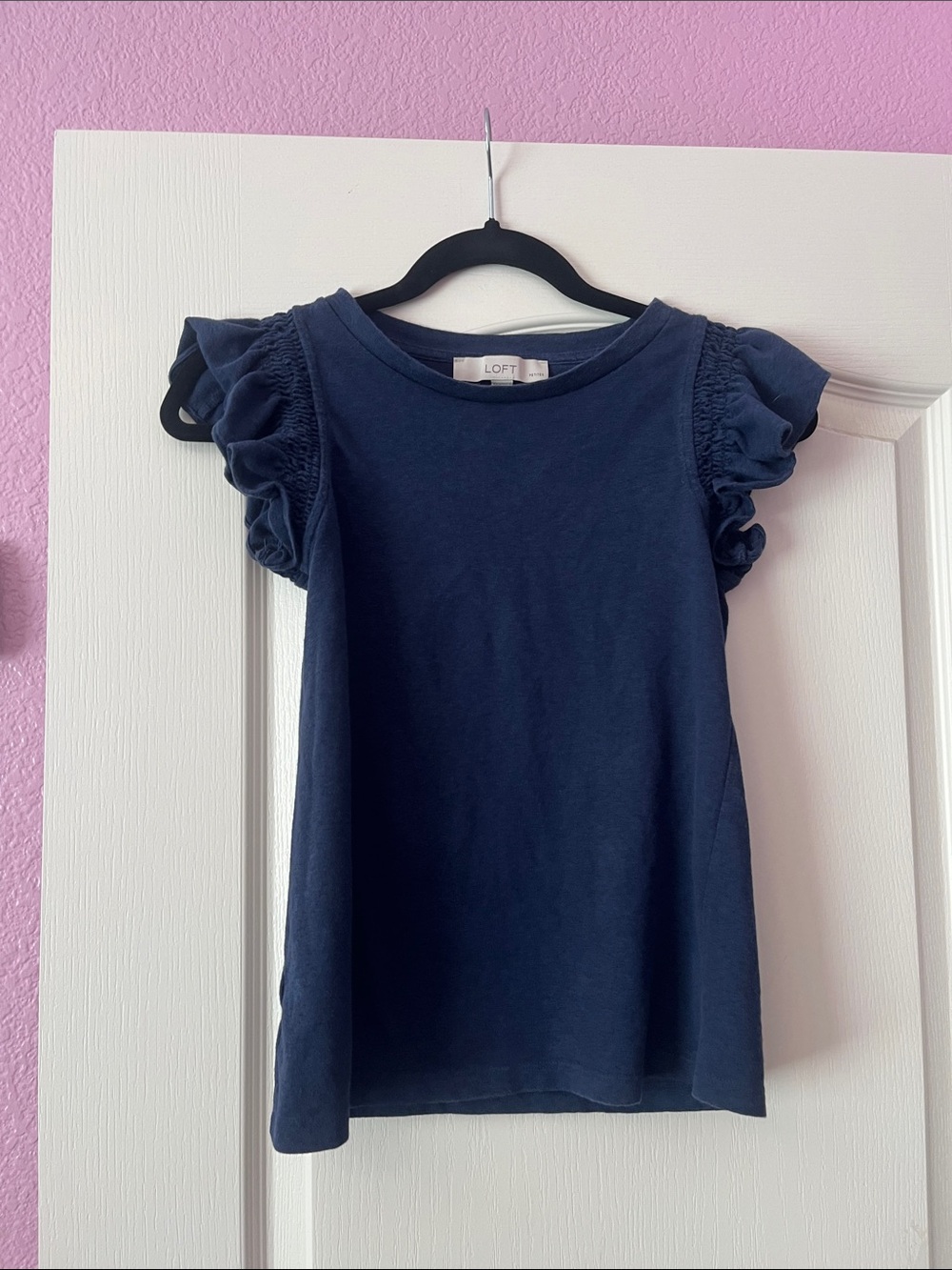LOFT Navy Ruffle Sleeve Short Sleeve Tee